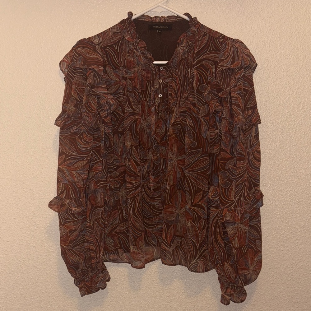 Olivaceous Brown Floral Ruffle Blouse – Long Sleeve, Medium, Like New